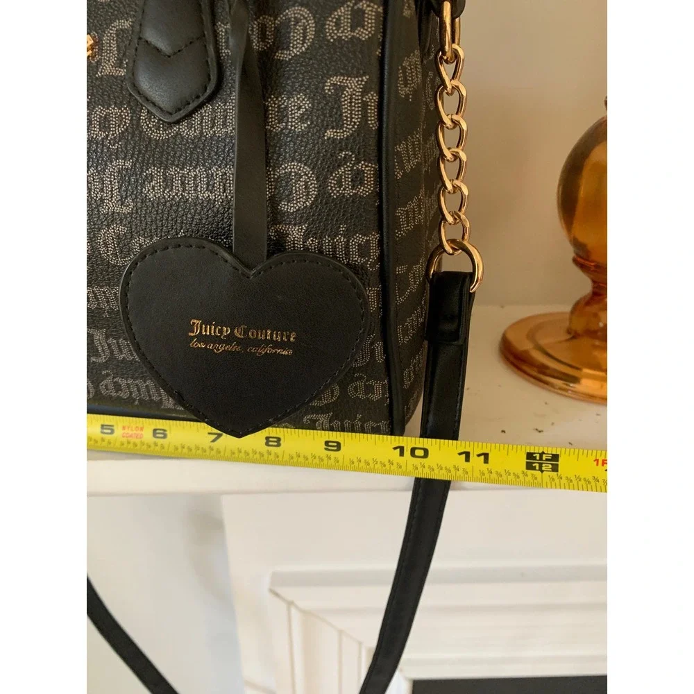 Juicy Couture Black Gothic Logo Barrel Satchel Crossbody Bag Heart Charm